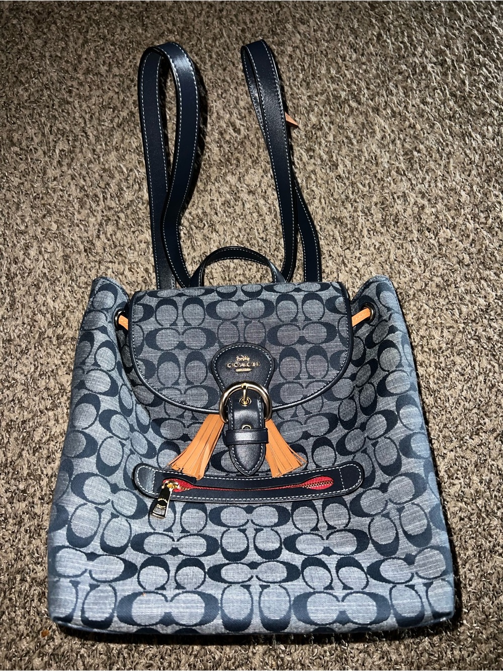 Coach Navy Signature Canvas Backpack with Orange Tassels